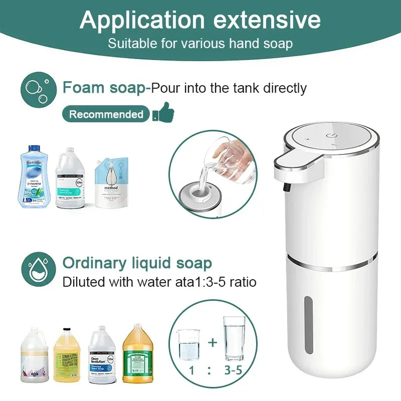 Avtomatik Sabun Dispenseri – Maye və Köpük Sabunu üçün Toxunmadan İstifadə Olunan Dispenser, 380 ml, USB ilə Doldurulan, 4 Səviyyəli Tənzimlənən Əl Dezinfeksiyaedici Dispenser.