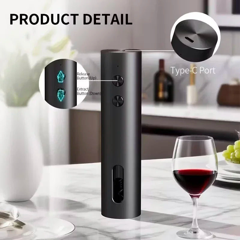 Doldurulan Elektrikli Şərab Açacağı – Folqa Kəsici, Şərab Süzücü və Vakuum Qapaqlı, USB-C ilə Doldurulan, Kompakt Dizayn, Ev və Mətbəx üçün.