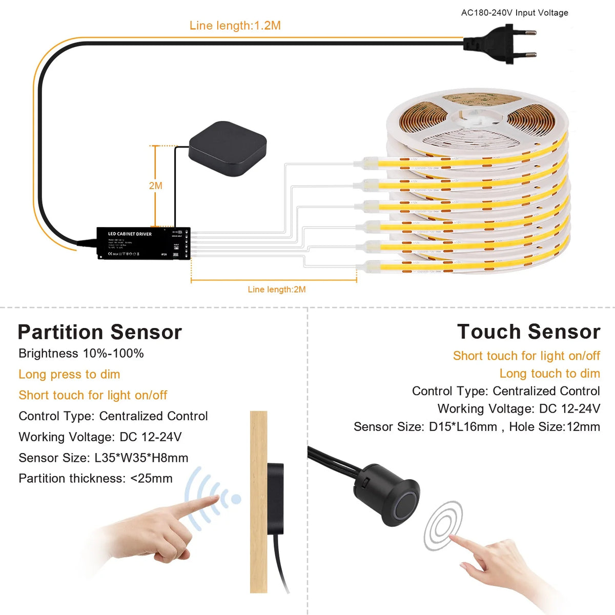 Mətbəx Dolabı Altı COB LED Lent İşıq – Vitrin, Şkaf, Kitab Rəfi və Qarderob üçün Lampa, Taxtadan Keçən İşıq, İşıqlığı Tənzimlənən, Toxunma Sensorlu LED Lent.