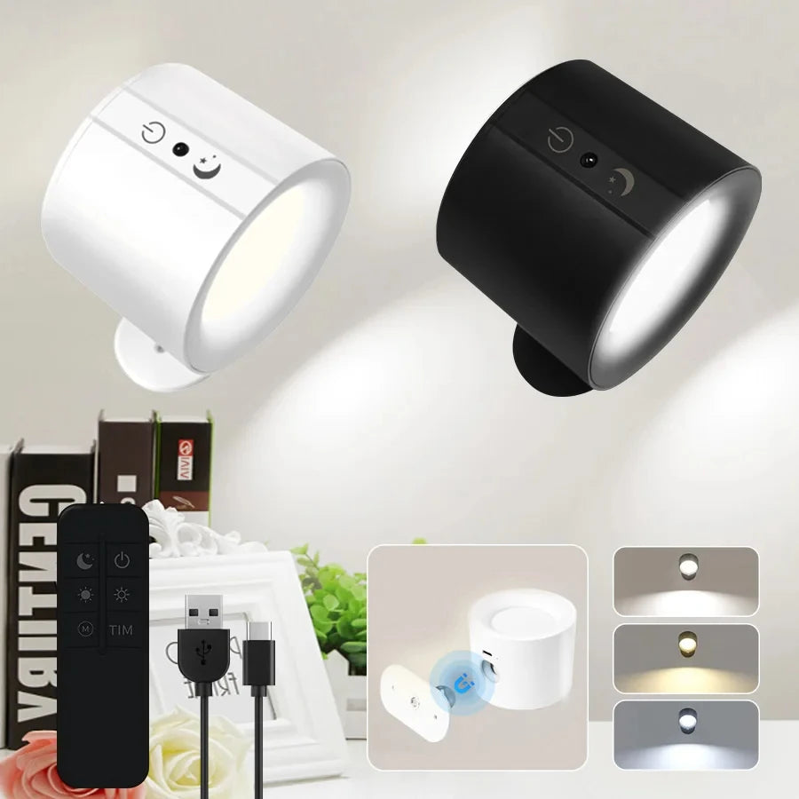 LED Mini Maqnitli Divar Lampası – Sadə Qara/Ağ Dizayn, İki Başlı İşıqlandırma, Pultla İdarəetmə, Yataq Otağı üçün Dekorativ Atmosfer İşığı və Təcili İşıqlandırma.