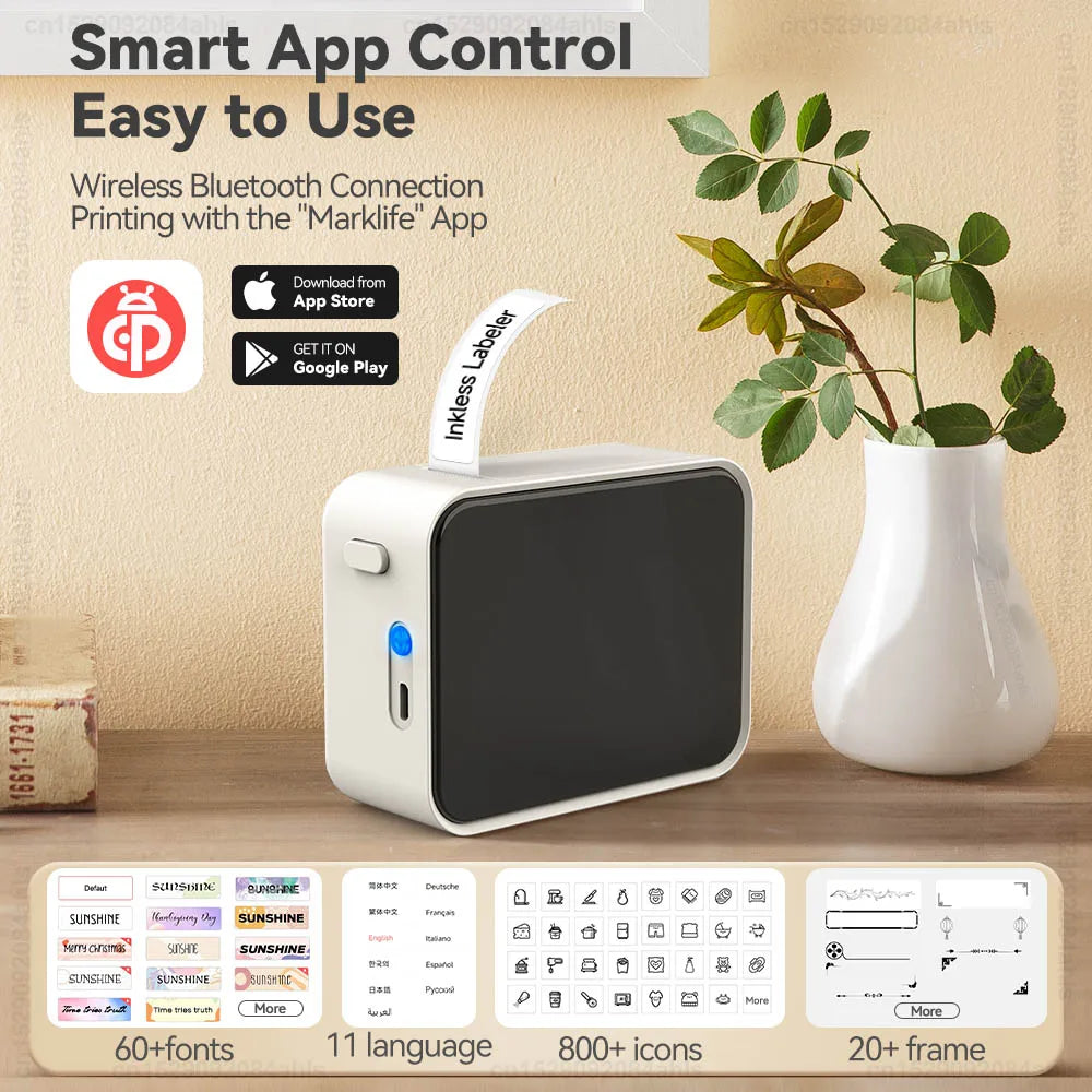 Simsiz Bluetooth Etiket Printeri – Portativ Termal Printer, Marklife P15 Mürəkkəbsiz Etiketləmə Cihazı, Mini Etiket Hazırlayan Printer, P15 Stiker Printeri.