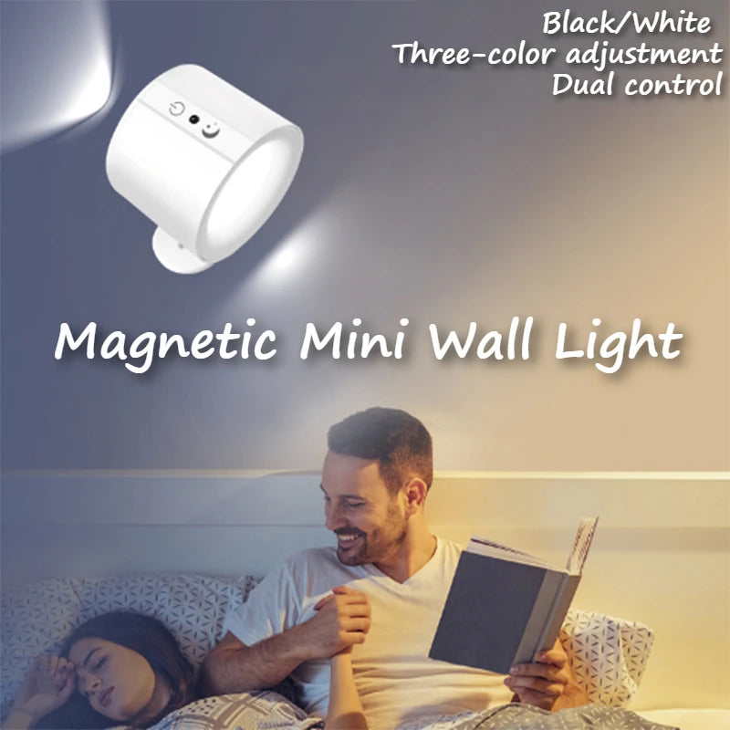 LED Mini Maqnitli Divar Lampası – Sadə Qara/Ağ Dizayn, İki Başlı İşıqlandırma, Pultla İdarəetmə, Yataq Otağı üçün Dekorativ Atmosfer İşığı və Təcili İşıqlandırma.