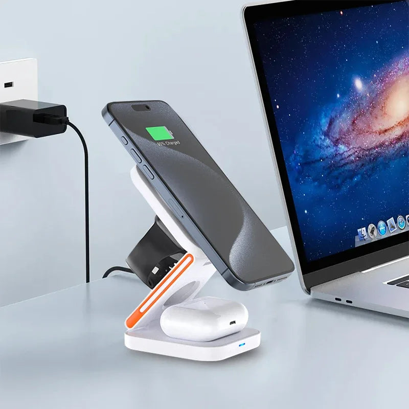 3-ü 1-də Qatlana Bilən Şarj Stansiyası – Sürətli Maqnitli Simsiz Şarj Cihazı və Stend, iPhone 17/16/15/14/13/12, Apple Watch 8/7/6 və AirPods Pro üçün.