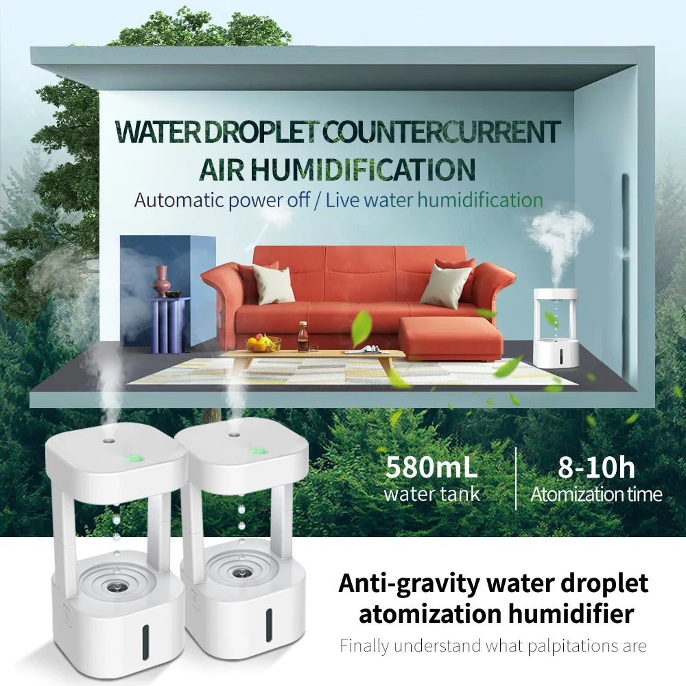 580 ml Anti-Qravitasiya Su Damcısı Nəmləndirici – 3 Rejim, Havada Asılı Qalan Su Damcıları Effekti, Ultrasəsli Sərin Duman Yaradıcı, LED Gecə İşıqlı.
