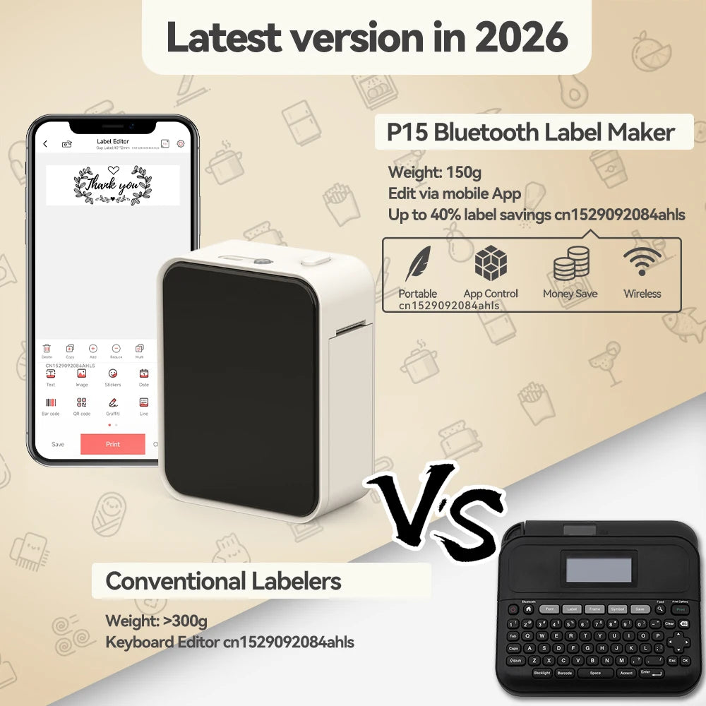 Simsiz Bluetooth Etiket Printeri – Portativ Termal Printer, Marklife P15 Mürəkkəbsiz Etiketləmə Cihazı, Mini Etiket Hazırlayan Printer, P15 Stiker Printeri.